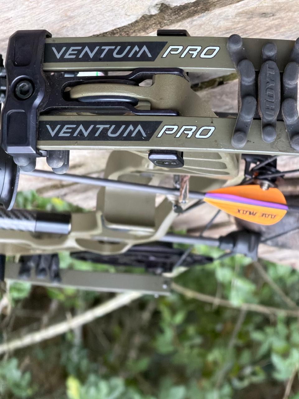 A Hoyt compound bow set up with a Goshawk arrow nocked